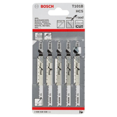 Полотно пиляльне для електролобзика Bosch Professional по дереву T101B, HCS лобзикова, 5шт