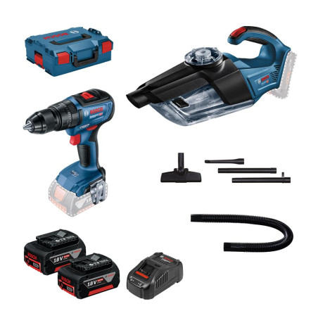 Набір із двох акумуляторних інструментів Bosch Professional 18В дриль-шурупокрут GSR 18V-50 пилосмок GAS 18V-1 швидкий зарядний 