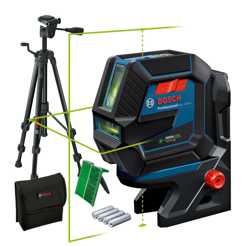 Нівелір лазерний Bosch Professional GCL 2-50 G, до 15м, ±0.3мм/м, з штативом BT 150, тримачем RM 10, чохлом, мішенню, 0.58к